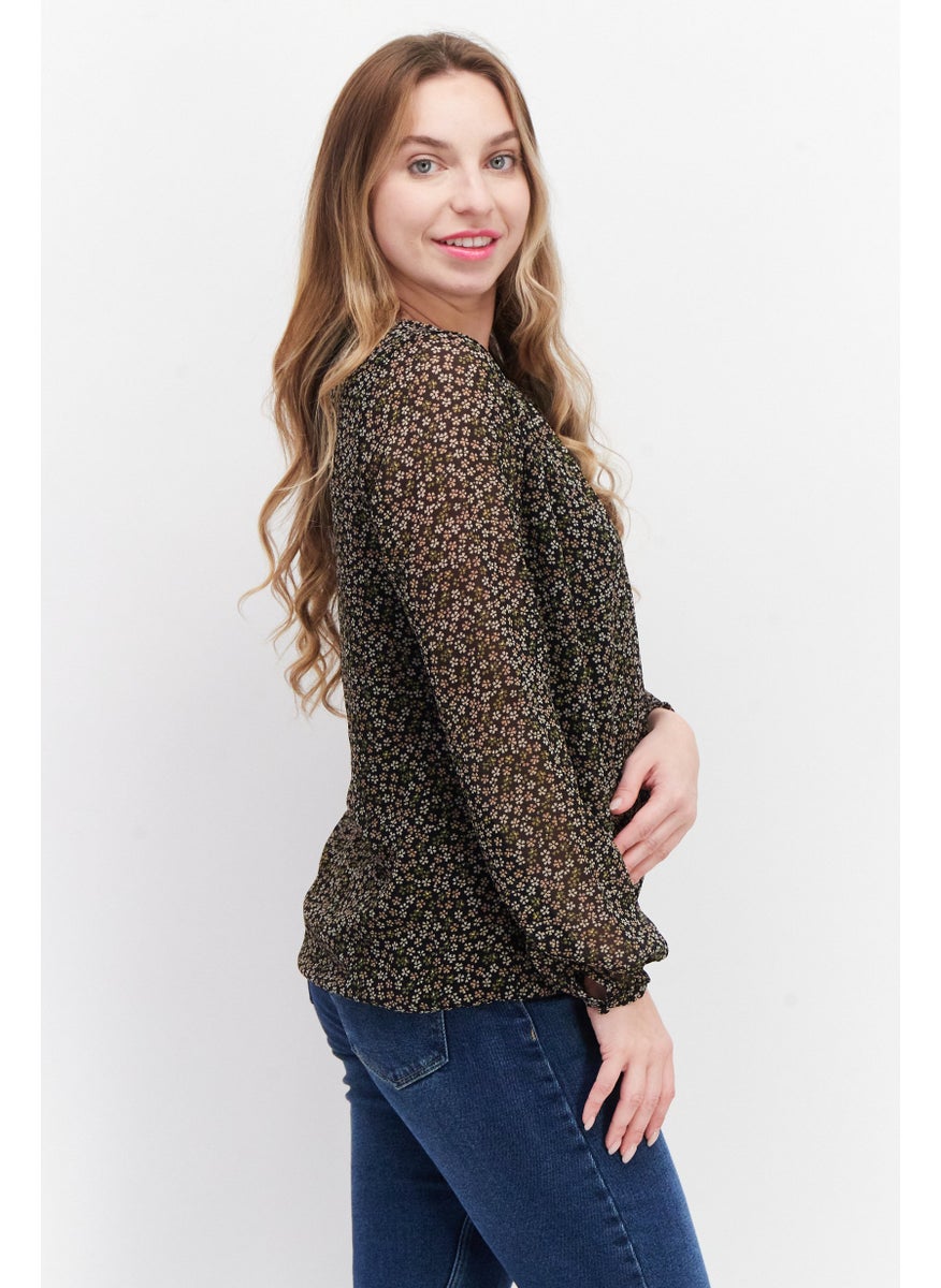 Zero Women  Round Neck Long Sleeve Floral Print Blouse Top, Black Combo  - Image 4