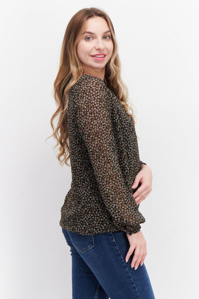 Zero Women  Round Neck Long Sleeve Floral Print Blouse Top, Black Combo - Image 4