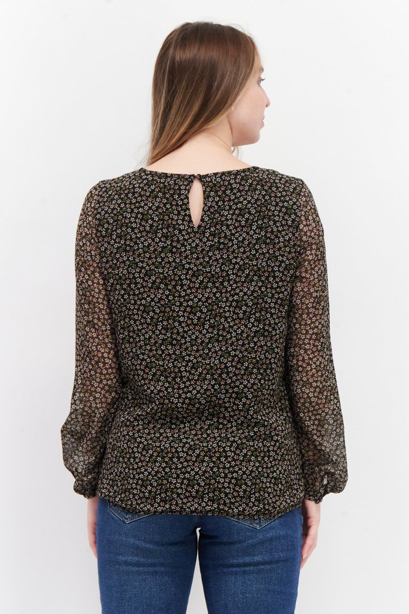 Zero Women  Round Neck Long Sleeve Floral Print Blouse Top, Black Combo - Image 2