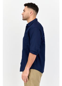 Selected Homme Men Drop Shoulder Fit Brand Logo Long Sleeves Casual Shirt, Navy Blue  - Image 4