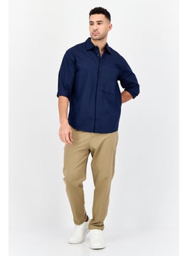 Selected Homme Men Drop Shoulder Fit Brand Logo Long Sleeves Casual Shirt, Navy Blue  - Image 2