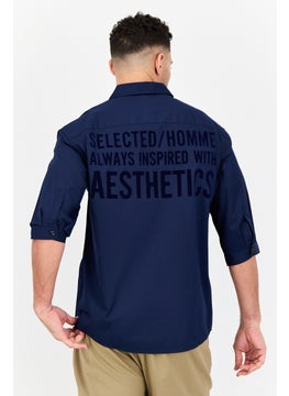 Selected Homme Men Drop Shoulder Fit Brand Logo Long Sleeves Casual Shirt, Navy Blue  - Image 3