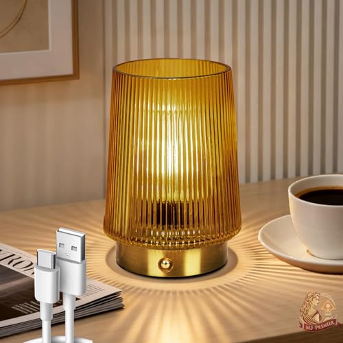 MJ PREMIER Cordless Lamps Rechargeable Glass Table Lamp Portable Dimmable Brightness Touch Battery Operated Lamp Cordless Beside Touch Lamp for Bedroom Kitchen Dining Bathroom Rechargeable Yellow - Image 1