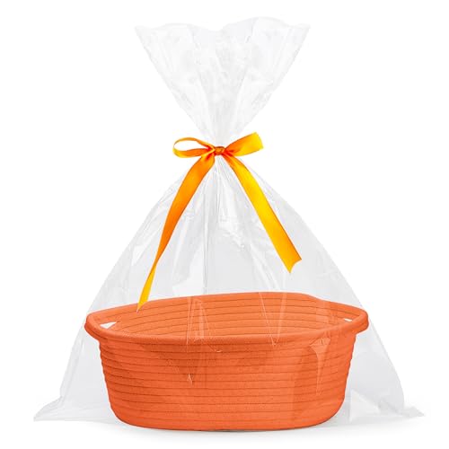 Pro Goleem Small Woven Basket with Gift Bags and Ribbons Durable Baskets for Gifts Empty Small Rope Basket for Storage 12X 8 X 5 Baby Toy Basket with Handles Orange - Image 1