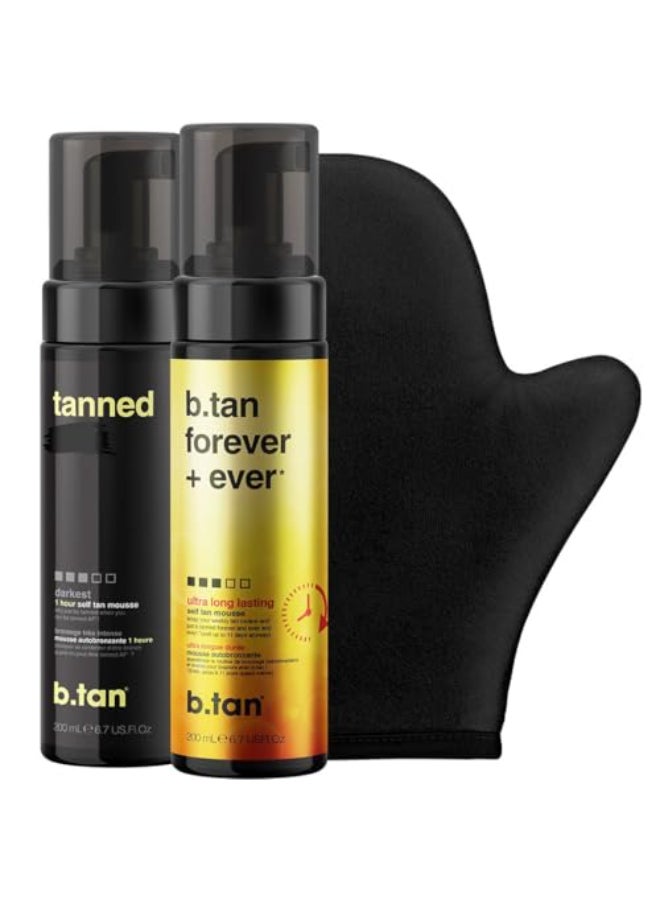 b tan btan Dark Long Lasting Self Tan Kit Besties Bundle Dark Tanning Mousse Duo with Mitt Applicator Glove 1 Hour Express Fast Sunless Tanner Face Body No Fake Tan Smell Vegan Cruelty Free - Image 1