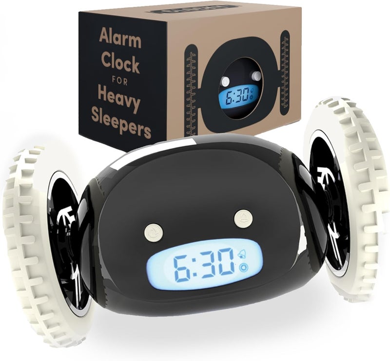 Clocky Alarm Clock on Wheels (Original) | Loudest for Heavy Sleeper (Adult or Kid Bed-Room Robot Clockie) Funny, Rolling, Run-away, Moving, Jumping(Black) - Image 1
