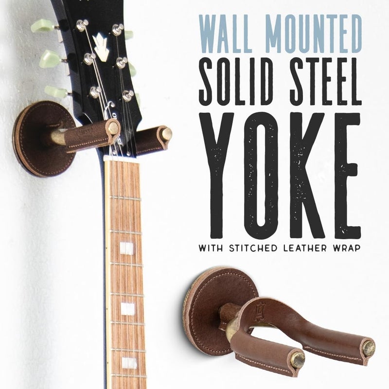 Levy's Leathers Forged Steel Guitar Hanger; Brass Metal with Tan Veg-Tan Leather Yoke Wraps (LVY-FGHNGR-BRTN) - Image 2