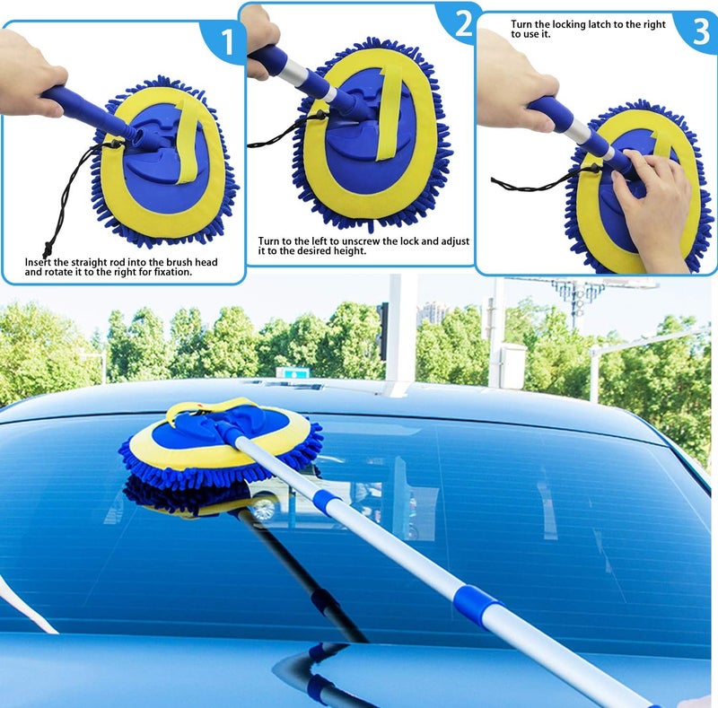 2 in 1 Microfiber Car Wash Mop Mitt with 45" Aluminum Alloy Long Handle and Chenille Car Cleaning Kit - Image 2