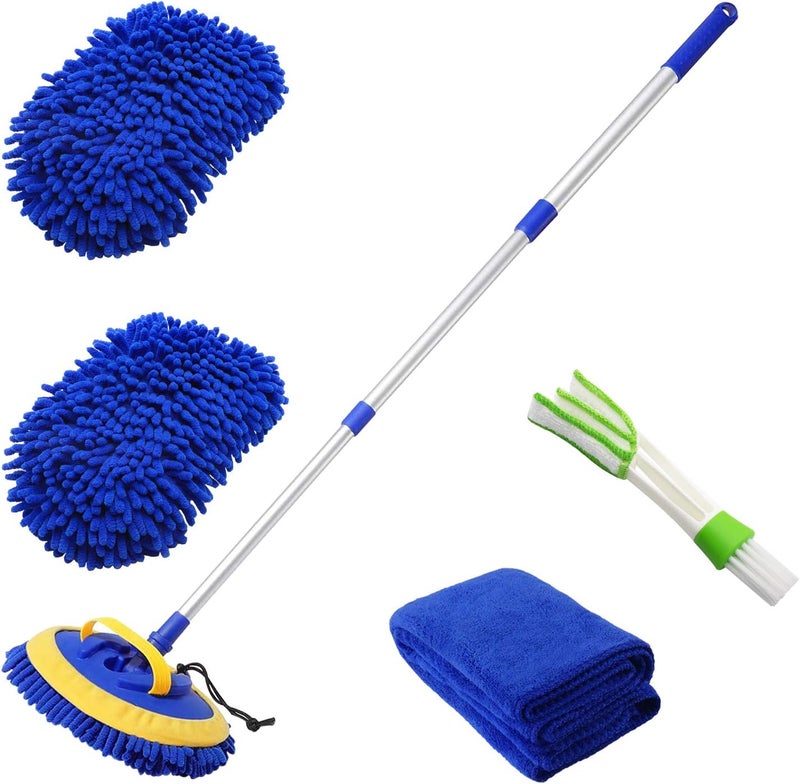 2 in 1 Microfiber Car Wash Mop Mitt with 45" Aluminum Alloy Long Handle and Chenille Car Cleaning Kit - Image 1