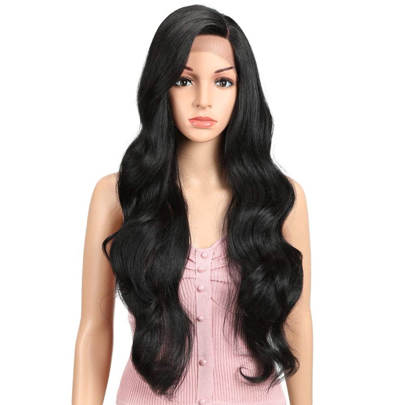 Joedir 30 inch Lace Front Long wavy Synthetic Hair Wigs for Women 130% Density wigs with Heat Resistant Fiber (Black)