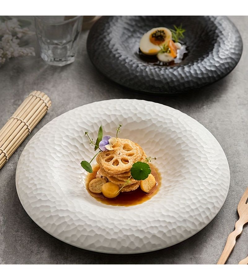 Elegant Black And White Ceramic Plates High End Tableware Creative Hammer Texture Design For Western Cuisine Desserts Artistic Straw Hat Style For Home Restaurant Use - Image 1