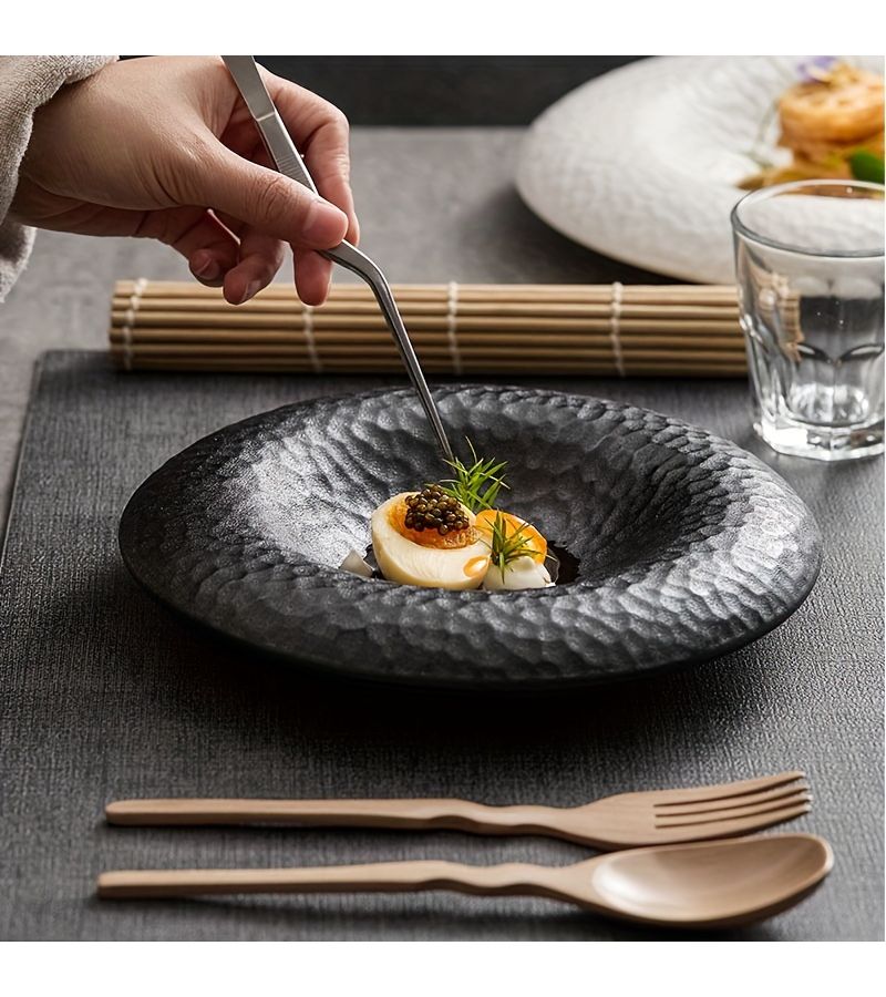 Elegant Black And White Ceramic Plates High End Tableware Creative Hammer Texture Design For Western Cuisine Desserts Artistic Straw Hat Style For Home Restaurant Use - Image 2
