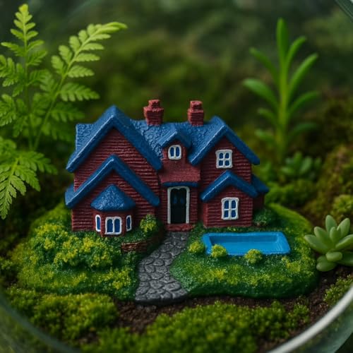 rizopets Miniature Fairy Garden House Decoration, Red and Blue Cottage with Pool, Terrarium Ornament - Image 1