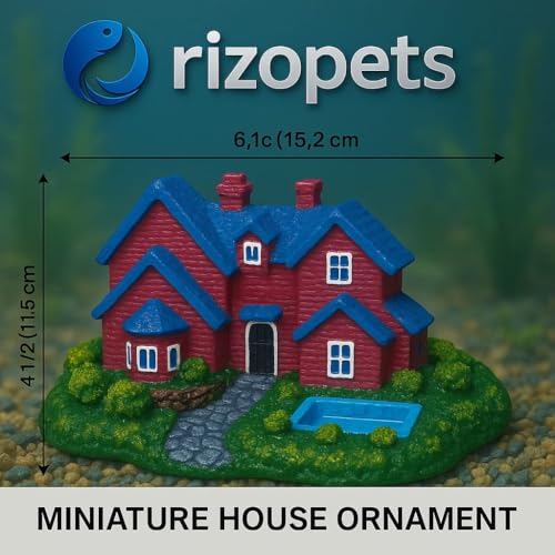 rizopets Miniature Fairy Garden House Decoration, Red and Blue Cottage with Pool, Terrarium Ornament - Image 2