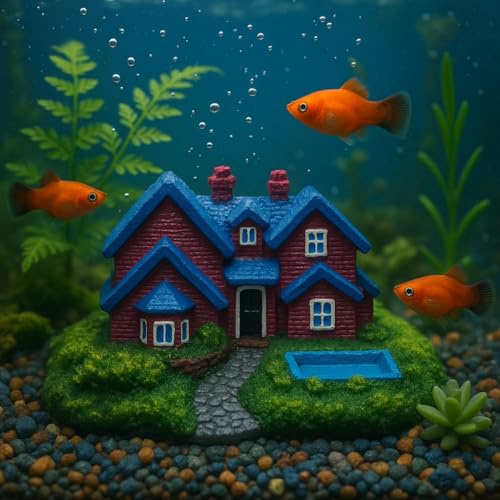 rizopets Miniature Fairy Garden House Decoration, Red and Blue Cottage with Pool, Terrarium Ornament - Image 3