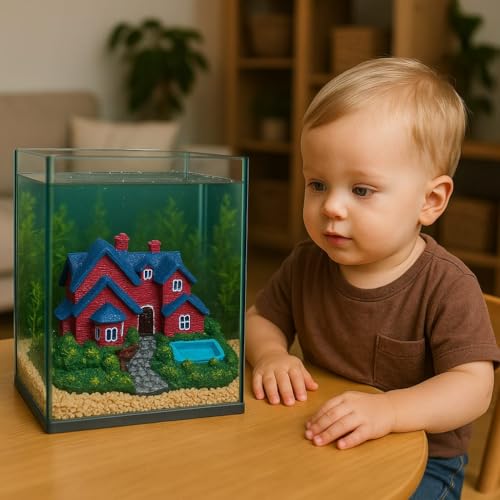 rizopets Miniature Fairy Garden House Decoration, Red and Blue Cottage with Pool, Terrarium Ornament - Image 4