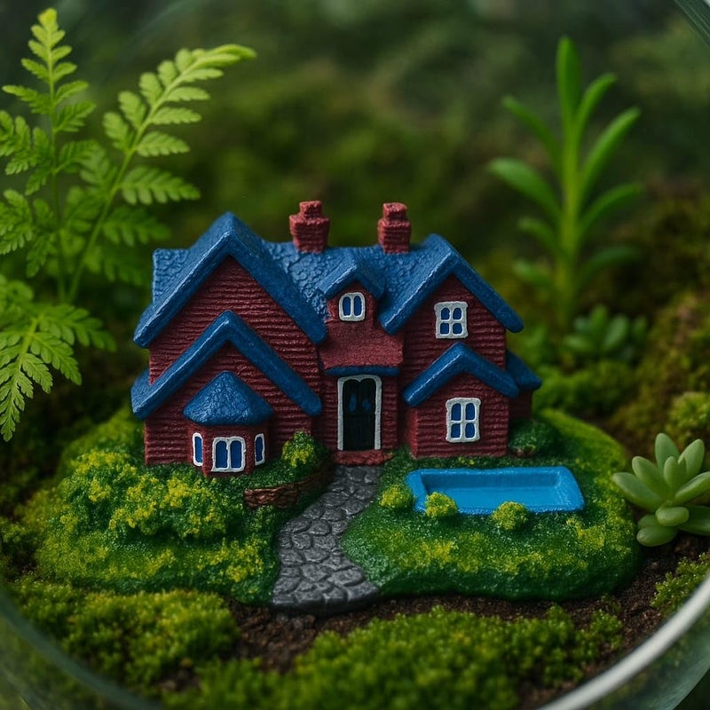 rizopets Miniature Fairy Garden House Decoration, Red and Blue Cottage with Pool, Terrarium Ornament - Image 5