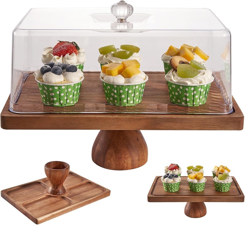 LiTY Cake Stand with Lid, 13″ Rectangular Multi-Functional Cake Holder, Acacia Solid Wood 2-in-1 Dessert Table Display Set, Charcuterie Board for Cheese ,Fruit Platter, Large Acrylic Cake Dome Cover - Image 1