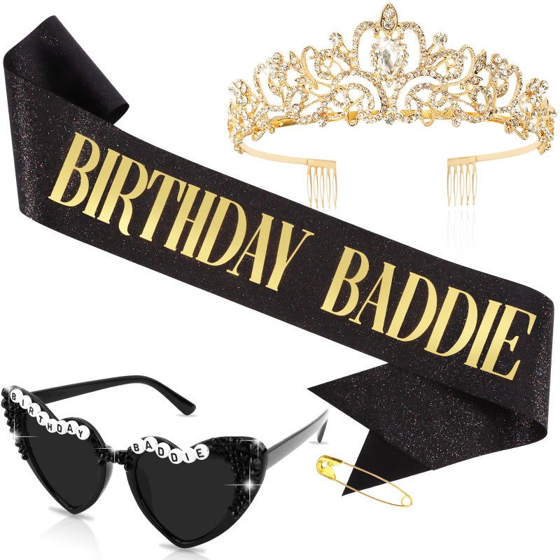 Hapdoo Birthday Baddie Sash & Sunglasses & Crown for Women, Hapdoo â€œBIRTHDAY BADDIEâ€ Sash for Girl, Happy Funny Birthday Decorations Baddie Accessories for Women Party Favors Supplies - Image 1