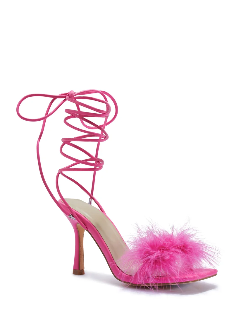 Truffle High Heel Platform Strappy Sandal With Feather