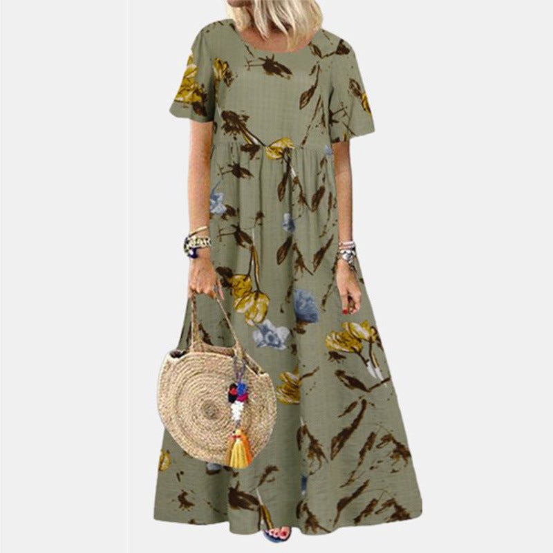 2021 summer plus size women's ethnic style retro small fresh floral dress round neck short sleeve loose dress green L - Image 1