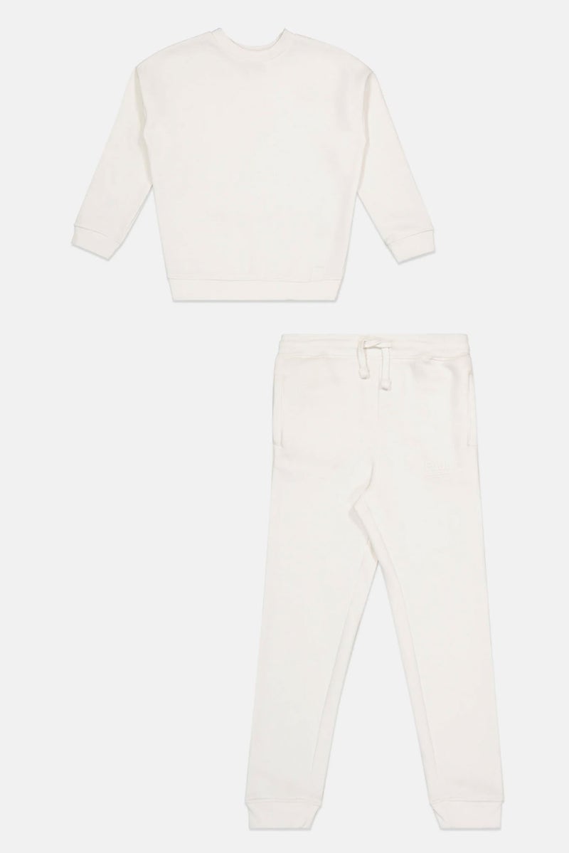 Fudo Kids Boy 2 Pieces Brand Logo Long Sleeve Sweatshirt With Jogger Pants Set, White - Image 2