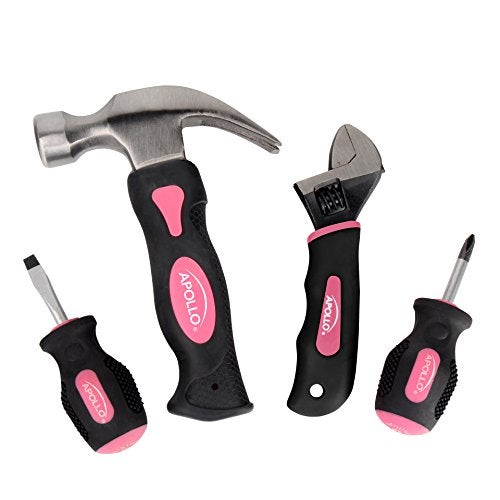 Apollo Tools 4 Piece Stubby Tool Set for Small Hands and Tight Spaces. Convenient, Compact Small Tool Set includes Mini Hammer, Mini Screwdriver Set, Mini Wrench - Pink Ribbon - Pink - DT0240P - Image 1