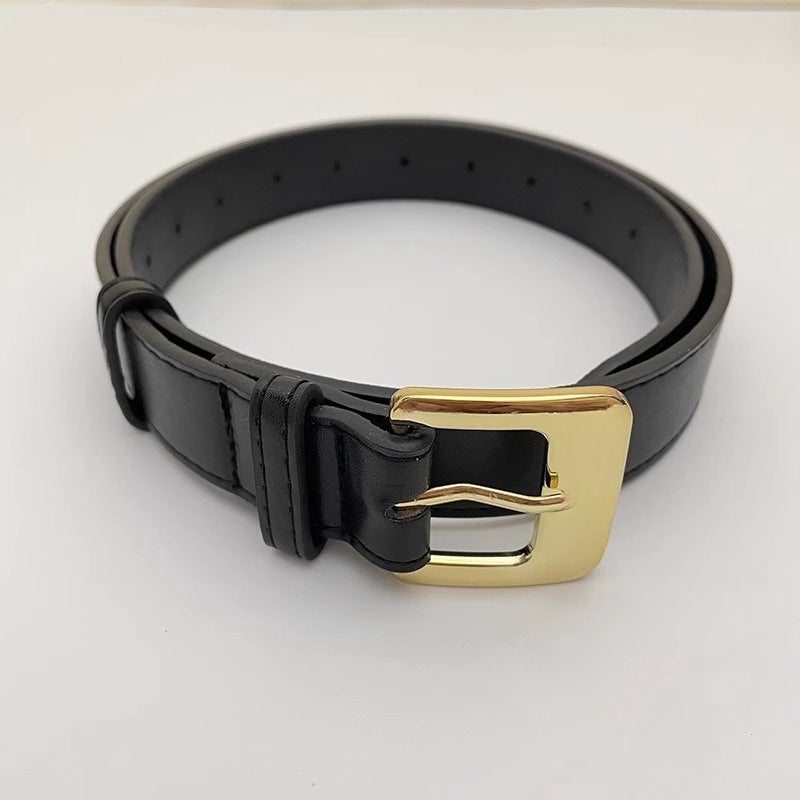 M new belt womens high-end sense simple gold metal buckle belt ins wind jeans with a generation of hair Black with logo 