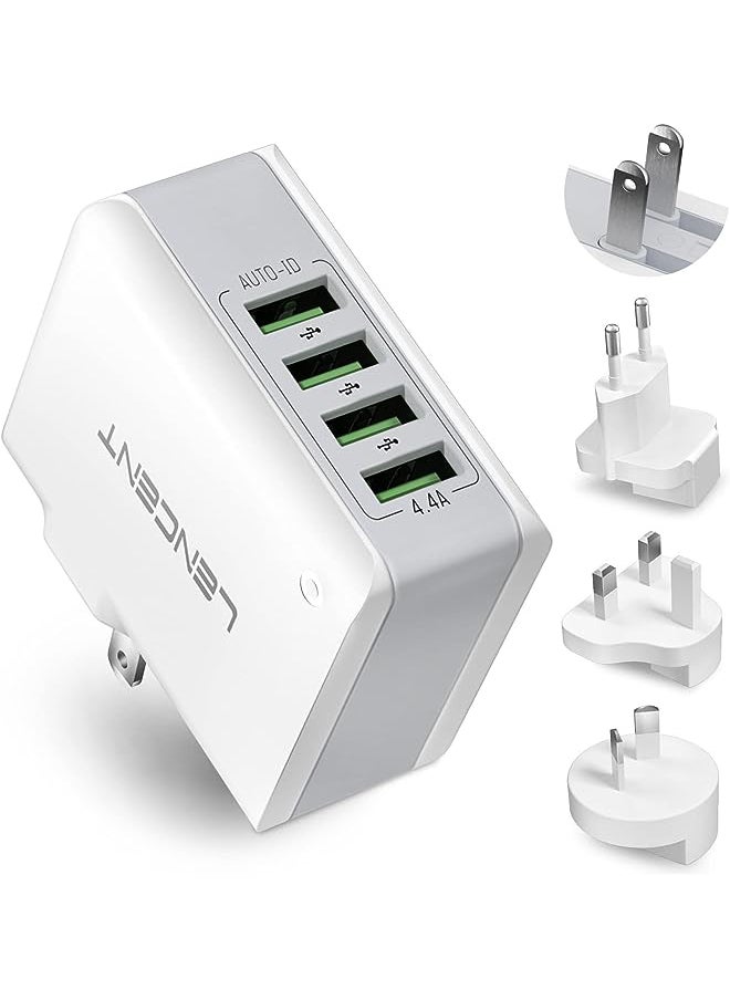 Lencent قابس شاحن USB، محول سفر عالمي بأربعة منافذ USB، شاحن حائط 22 وات/5 فولت 4.4 أمبير مع محول شاحن سفر عالمي للمملكة المتحدة/الولايات المتحدة/الاتحاد الأوروبي/أستراليا لأجهزة iPhone وiPad وهواتف Android والأجهزة اللوحية والمزيد  - Image 1