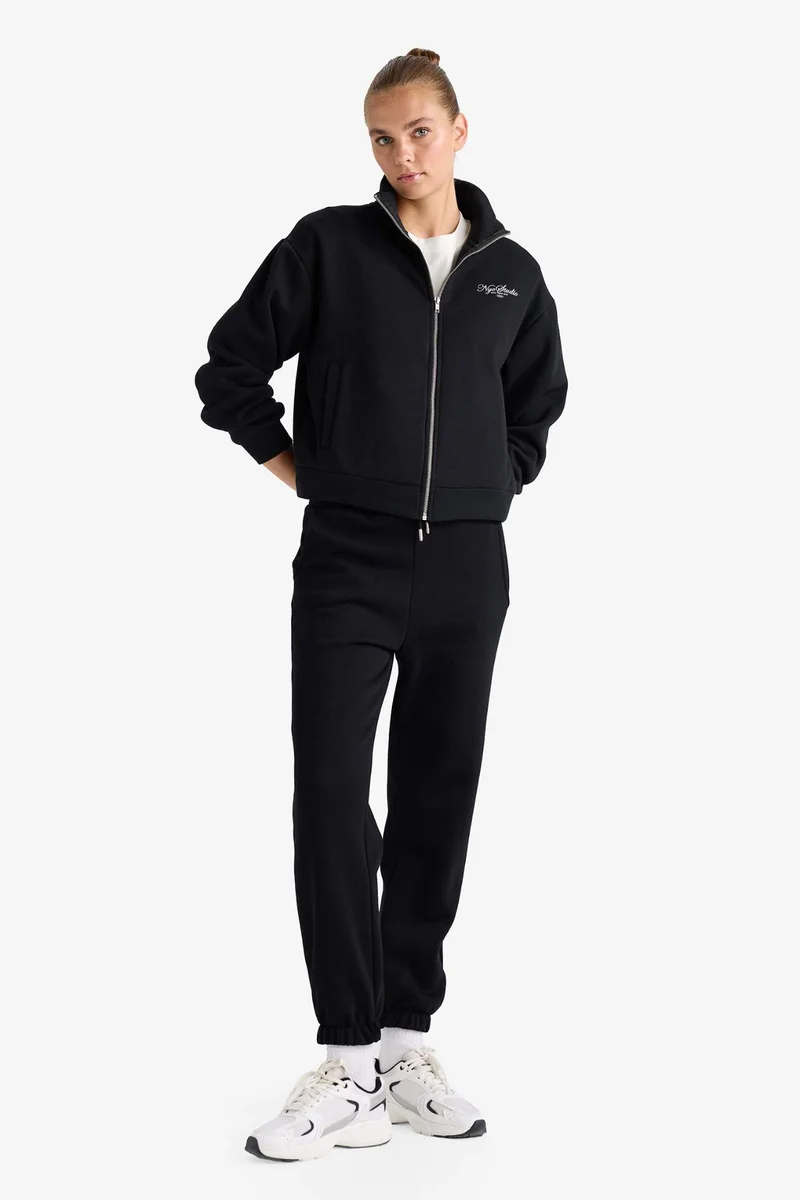 ديفاكتو Relax Fit Stand Collar Printed Thick Zippered Sweatshirt