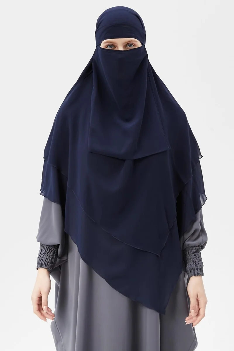 التوبة Ready Practical Chiffon Three Layer Veiled Triangle Hajj Umrah Shawl Soufflé Hijab Nikap