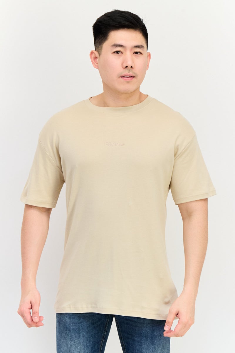 Fudo Men Crew Neck Short Sleeves Brand Logo T-Shirt, Beige - Image 1