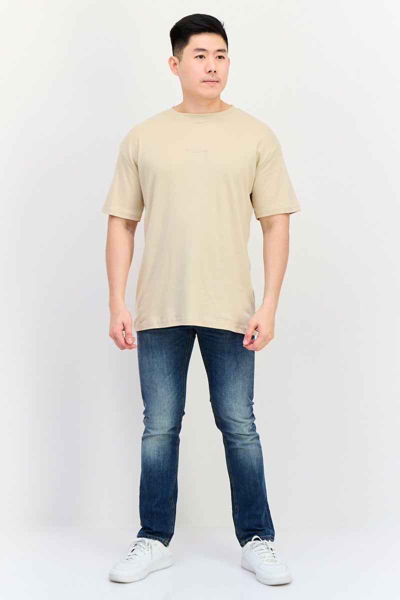 Fudo Men Crew Neck Short Sleeves Brand Logo T-Shirt, Beige - Image 4