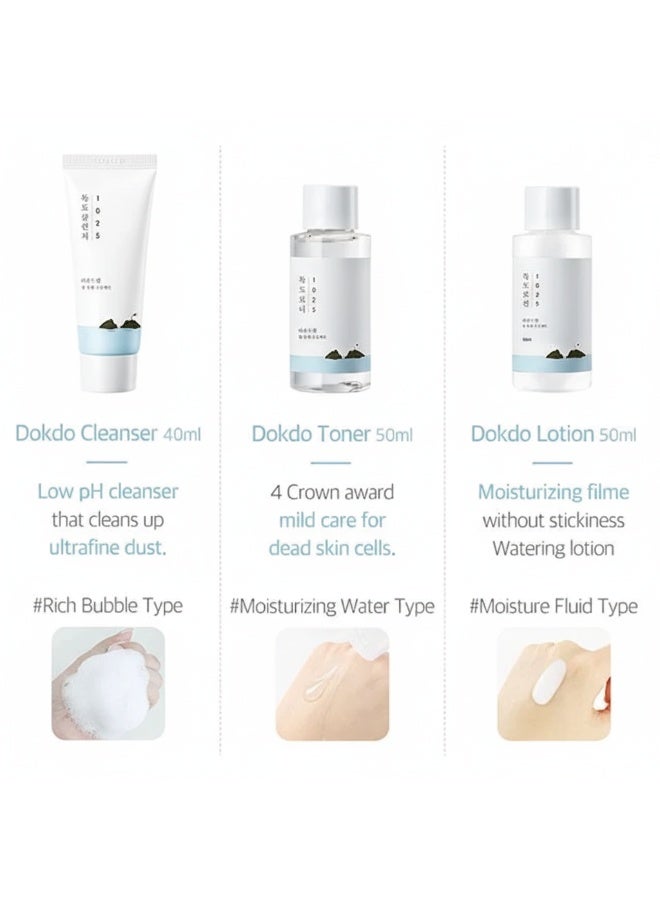 Round Lab 1025 Dokdo Skin Care Basic Set – 3-Step On-The-Go Kit (Cleanser 40ml + Toner 50ml + Lotion 50ml) - Image 3