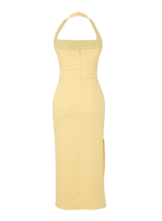 trendyol Light Yellow Body Fitting Midi Woven Dress with Slit Detail - Image 5