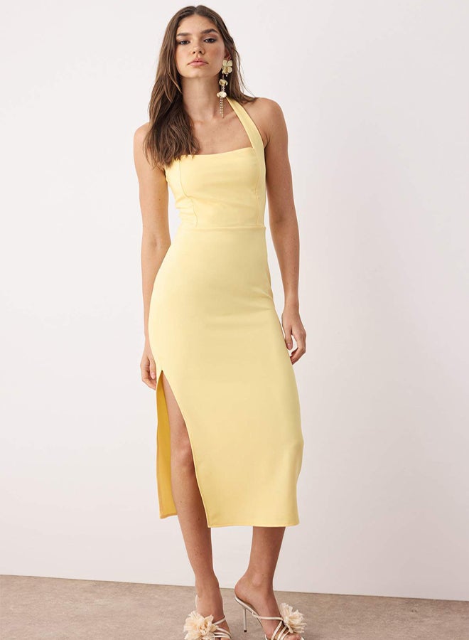 trendyol Light Yellow Body Fitting Midi Woven Dress with Slit Detail - Image 2
