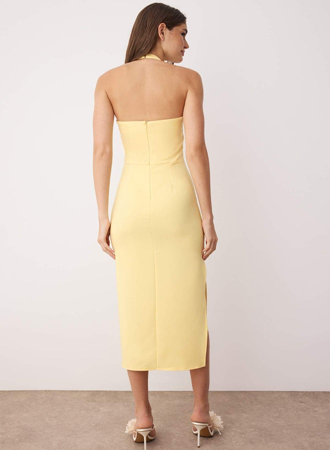 trendyol Light Yellow Body Fitting Midi Woven Dress with Slit Detail - Image 4