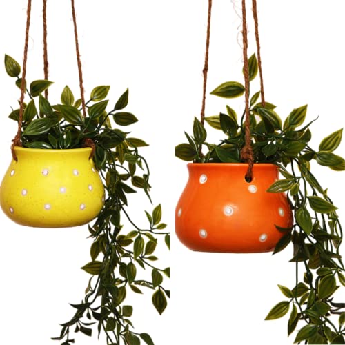 Leafy Tales Hanging Matki Shape Ceramic Pot Set of 2, Pot Only, Multicolor - Image 1