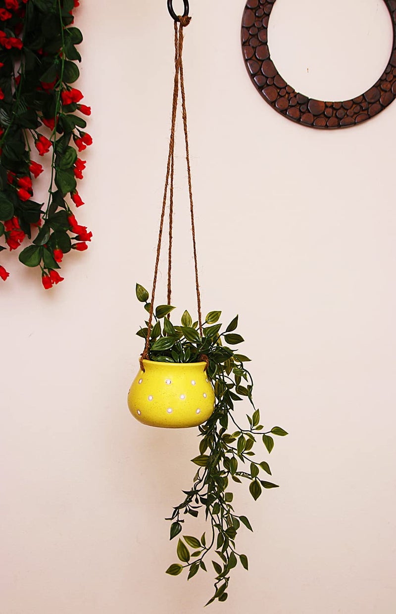 Leafy Tales Hanging Matki Shape Ceramic Pot Set of 2, Pot Only, Multicolor - Image 3