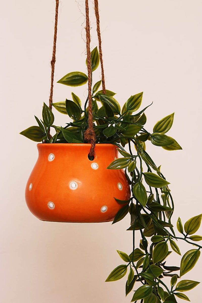 Leafy Tales Hanging Matki Shape Ceramic Pot Set of 2, Pot Only, Multicolor - Image 4