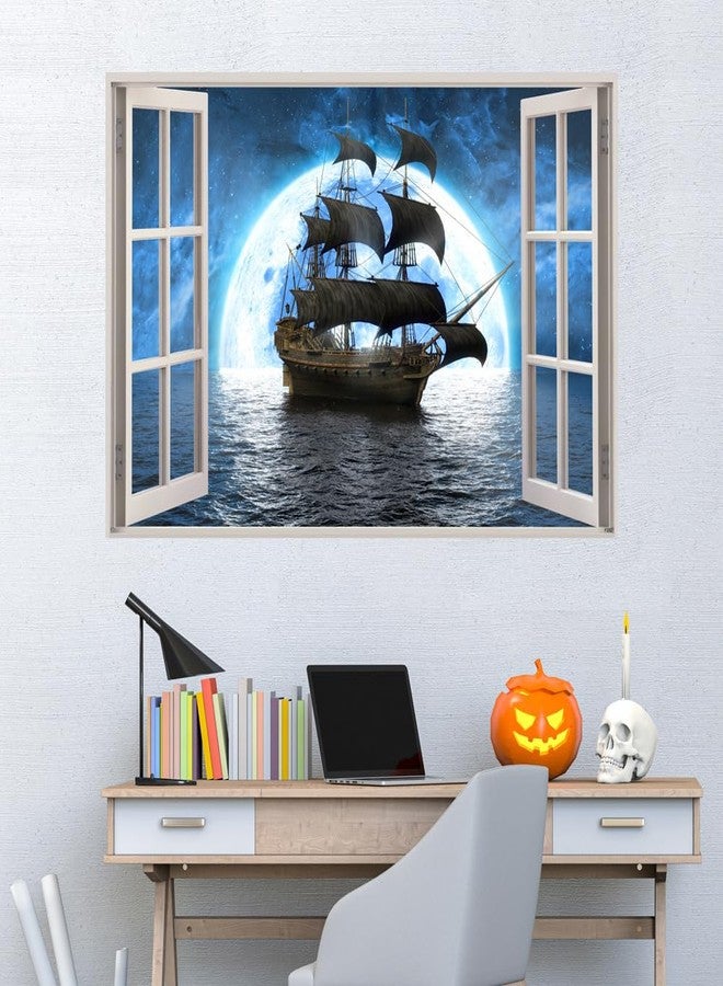 Kiddale 3D Pirate Ship Fake Windows Wall Sticker,Removable Ocean Sea Window View Ship in Moonlight Faux Windows Wall Decals for Kids Bedroom Living Room Decoration,23.6"x17.3" - Image 4