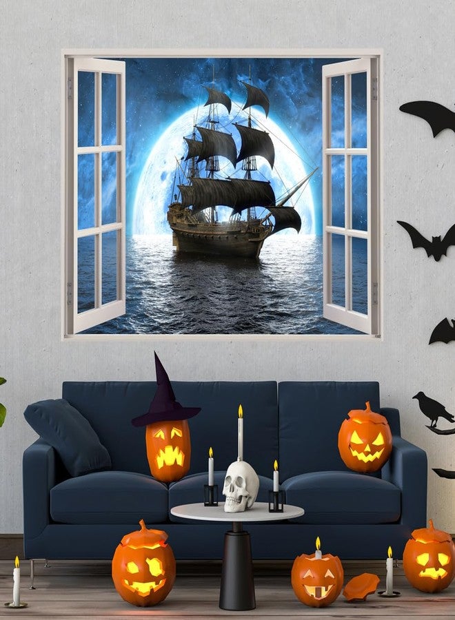 Kiddale 3D Pirate Ship Fake Windows Wall Sticker,Removable Ocean Sea Window View Ship in Moonlight Faux Windows Wall Decals for Kids Bedroom Living Room Decoration,23.6"x17.3" - Image 2