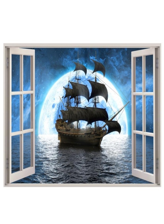 Kiddale 3D Pirate Ship Fake Windows Wall Sticker,Removable Ocean Sea Window View Ship in Moonlight Faux Windows Wall Decals for Kids Bedroom Living Room Decoration,23.6"x17.3" - Image 1