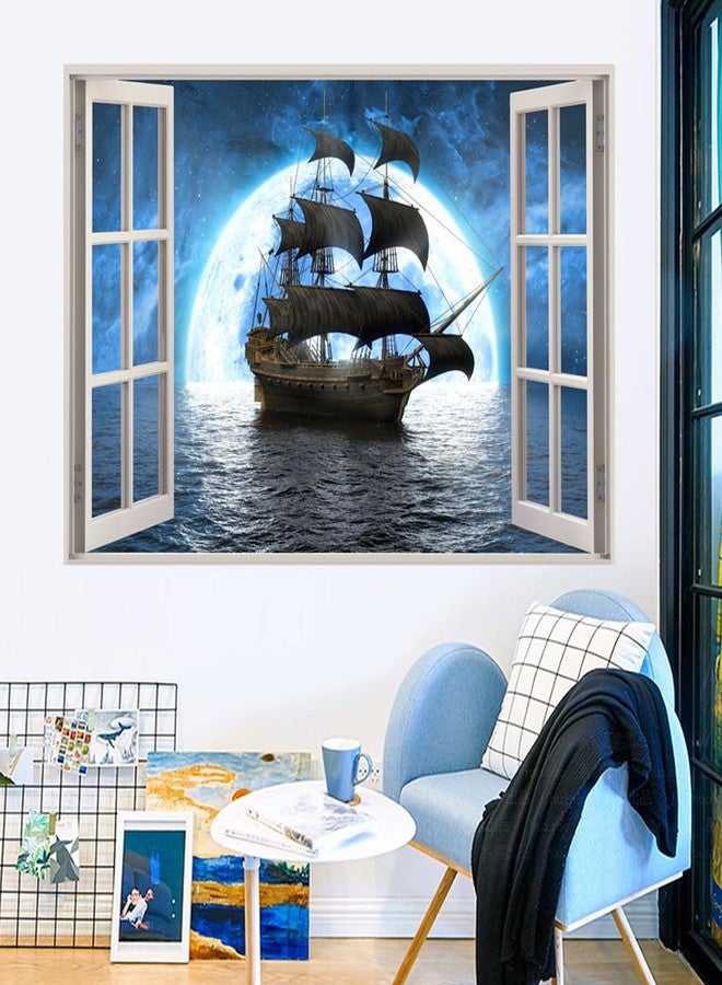 Kiddale 3D Pirate Ship Fake Windows Wall Sticker,Removable Ocean Sea Window View Ship in Moonlight Faux Windows Wall Decals for Kids Bedroom Living Room Decoration,23.6"x17.3" - Image 5