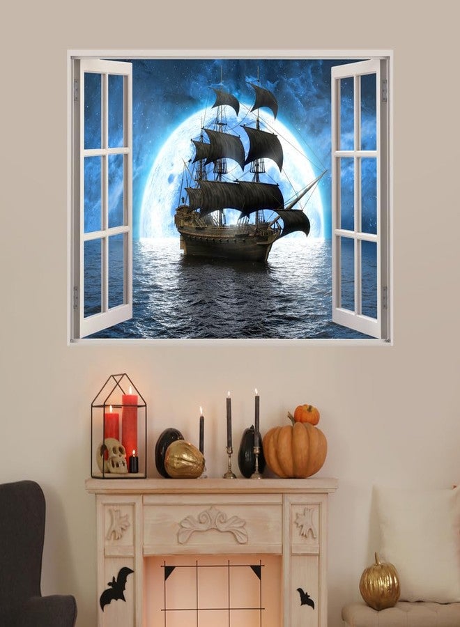 Kiddale 3D Pirate Ship Fake Windows Wall Sticker,Removable Ocean Sea Window View Ship in Moonlight Faux Windows Wall Decals for Kids Bedroom Living Room Decoration,23.6"x17.3" - Image 3