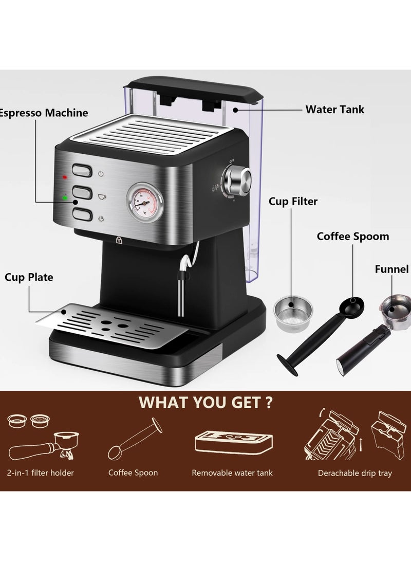 Espresso Coffee Maker Machine with Milk Frothing 20 Bar 850W 1.5L, CM3020-Silver/Black - Image 2