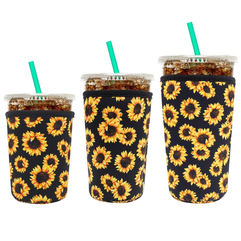 YR YR Reusable Neoprene Insulator Sleeve for Iced Coffee Cups 3 Pack Coffee Coolies sleeves for Iced  Hot Drinks Cold Beverage Cooler Compatible with Starbucks Dunkin Coffee and More Sunflower 