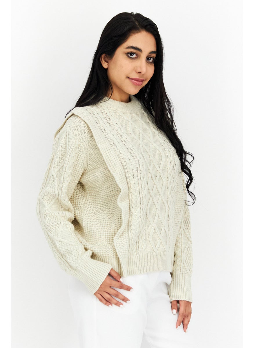 Aqua - Women Crew Neck Textured Sweater, Beige - Image 1