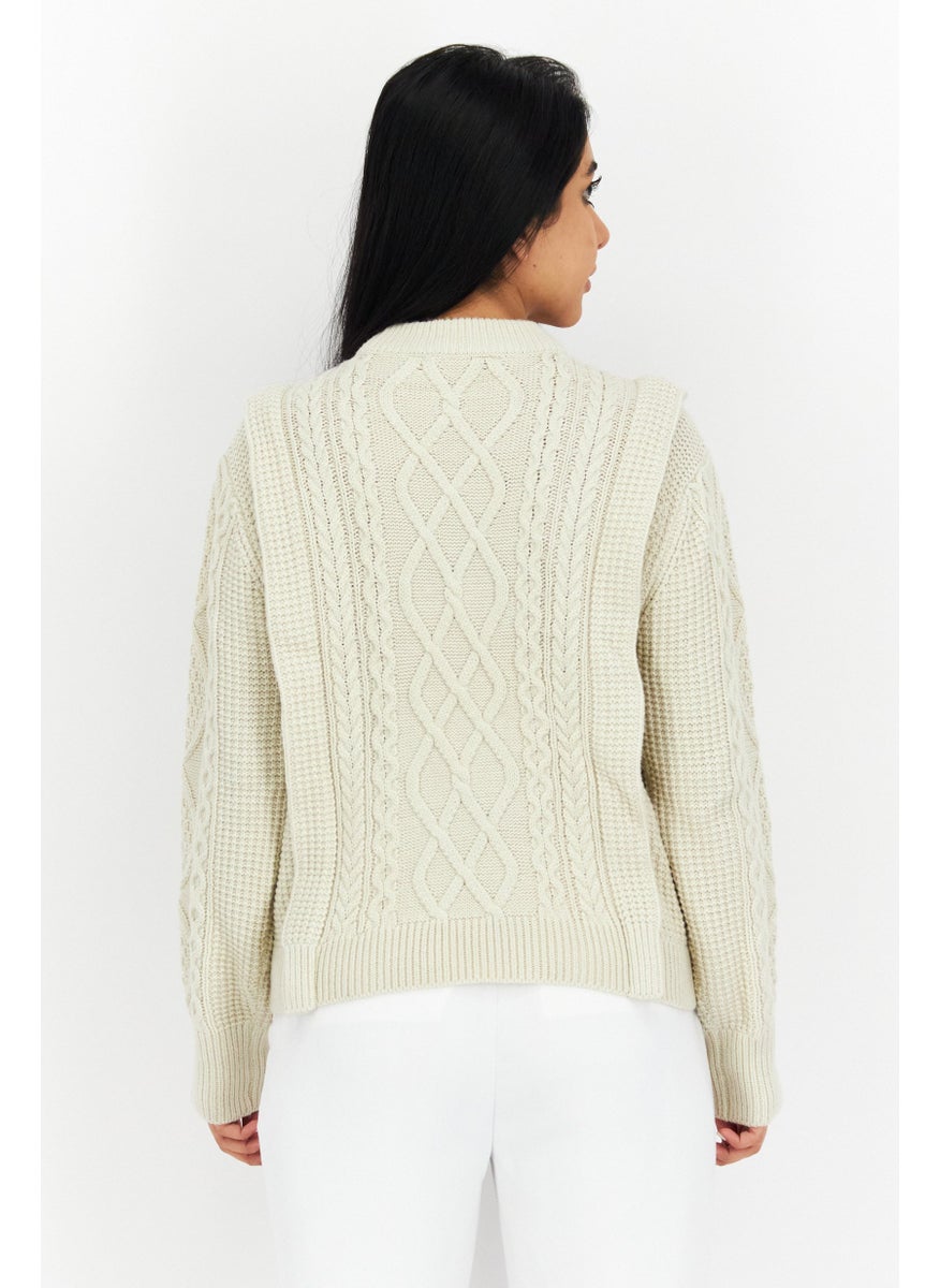 Aqua - Women Crew Neck Textured Sweater, Beige - Image 1