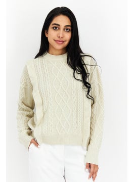 Women Crew Neck Textured Sweater, Beige